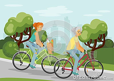Cycling elderly and young women in the city Vector Illustration