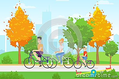 Cycling family members flat illustration. Rest together, healthy lifestyle, autumn walk, holiday activity concept Vector Illustration