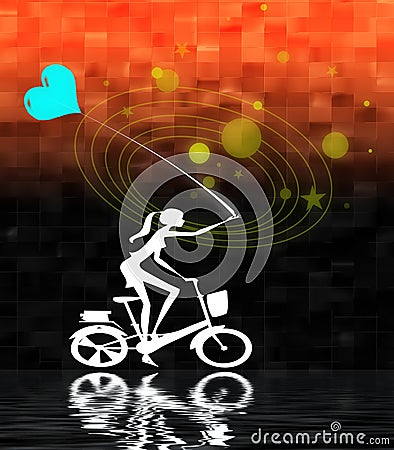 Cycling girl with balloon Cartoon Illustration