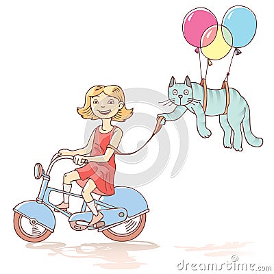 Cycling girl with the cat Vector Illustration