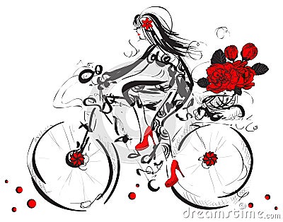 Cycling Girl with floral bouquet in sketch-style Cartoon Illustration