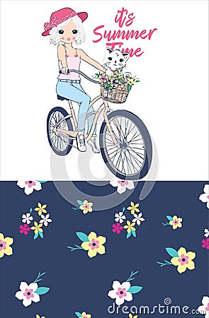 cycling girls summer with flower print Vector Illustration