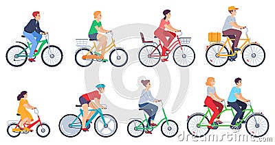 Cycling people. Women, men ride bikes sports outdoor activity, friends riding bicycles race on city street colored Vector Illustration