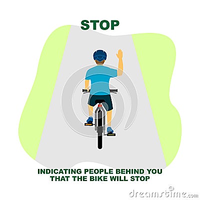 Cycling rules for traffic safety, stop bicycle hand signals. Vector Illustration