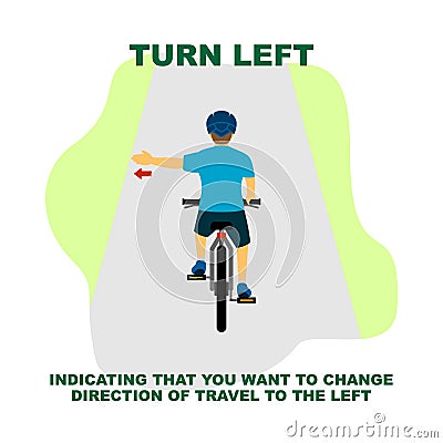 Cycling rules for traffic safety, turn left bicycle hand signals. Vector Illustration