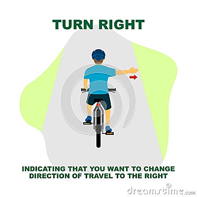 Cycling rules for traffic safety, turn right bicycle hand signals. Vector Illustration