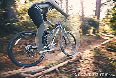 Cycling, speed and man on a bicycle on a dirt forest road doing training and exercise on a bike. Fast, outdoor trail and Stock Photo