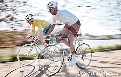 Cycling, speed and men on bicycle with motion blur for adrenaline, extreme sports and action on road. Fitness, mountain Stock Photo