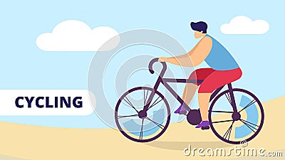 Cycling Sport, Young Man Riding Bicycle Outdoors, Vector Illustration