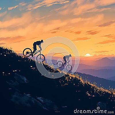 Cycling into the sunset mountain bikers silhouette against dusk sky Stock Photo