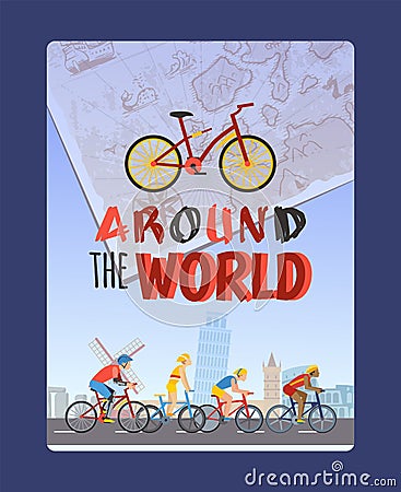 Cycling tour around the world, typography brochure cover, people vector illustration Vector Illustration