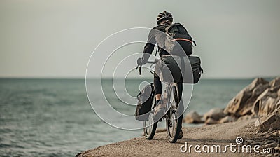 cycling travel with bags against the backdrop of the sea, summer bike trip generative ai Stock Photo