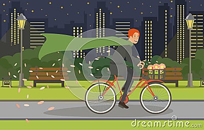 Cycling Walk Young Man in Suit and in Raincoat. Vector Illustration