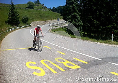 Cyclist in Alpe di Siusi Stock Photo