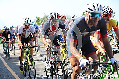 Cyclist Brent Bookwalter of Team USA center rides during Rio 2016 Olympic Cycling Road competition Editorial Stock Photo