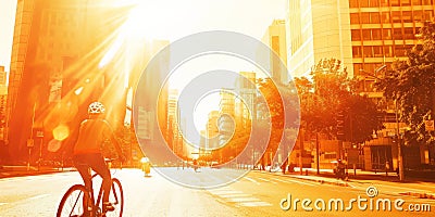 Cyclist in the city during a bright, hot summer day. Heatwave challenges in urban settings Stock Photo