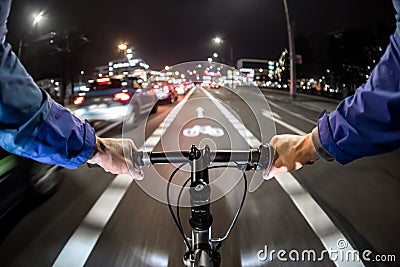 Cyclist drives on the bike path past the traffic jam Stock Photo