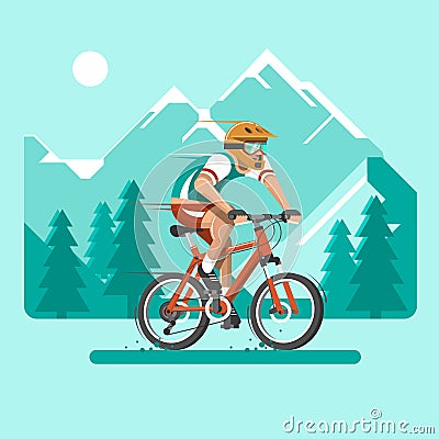 Cyclist in the mountains. Man dressed in sports clothes and helmet on the bicycle. Flat vector illustration. Vector Illustration