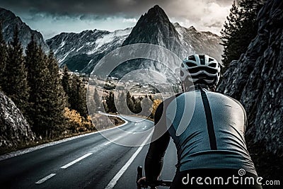 A cyclist rides a bike along the Alpine road. Generative ai Stock Photo