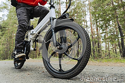 cyclist rides on a bike path in the forest. Riding an electric modern bicycle. Cool fashionable bike with alloy wheels. A cyclist Stock Photo