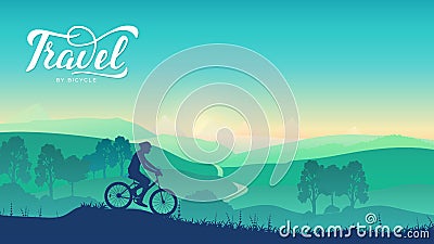 Cyclist rides on the trail in nature background. Summer morning nature illustration. Sport lifestyle of cyclists. Cycling tour Cartoon Illustration