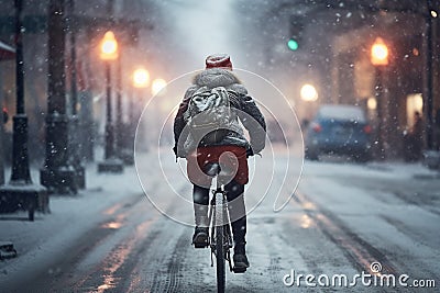 Cyclist riding through city streets at snowy winter day. Generative AI Stock Photo