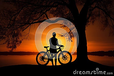 Cyclist silhuoette on sunset. Bicycle traveler summer outdoor. Generative AI Stock Photo