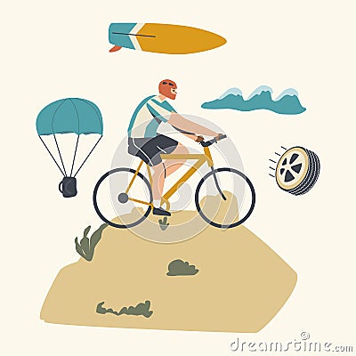 Cyclist Sportsman Character in Helmet Riding Bike, Outdoors Summer Extreme. Bicycle Active Sport and Healthy Lifestyle Vector Illustration