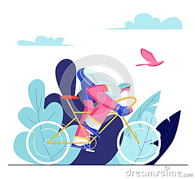 Cyclist Sportsman in Sports Wear and Helmet Riding Bike Outdoors in Summer Day. Bicycle Man Active Sport Life and Healthy Life Vector Illustration