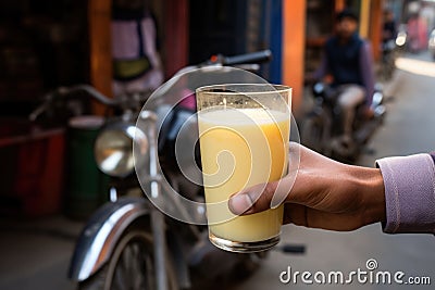 a cyclist stopping for some refreshing mango lassi Stock Photo