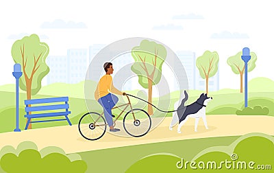 Cyclist taking his dog for a run on a lead Vector Illustration