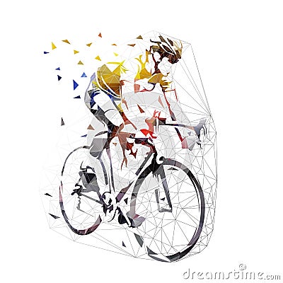 Road cycling, cyclist in yellow jersey, low polygonal vector illustration. Geometric bicycle rider Vector Illustration