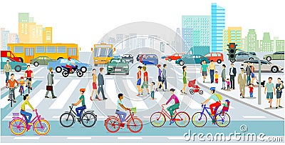 Cyclists on the bike path in the city with road traffic and pedestrians - illustration Vector Illustration