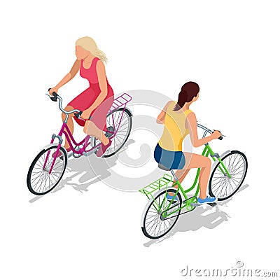 Cyclists on bikes. People riding bikes. Bikers and bicycling. Sport and exercise. Flat 3d vector isometric illustration Vector Illustration