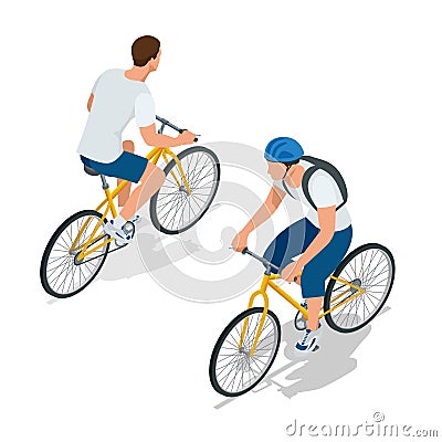 Cyclists on bikes. People riding bikes. Bikers and bicycling. Sport and exercise. Flat 3d vector isometric illustration Vector Illustration