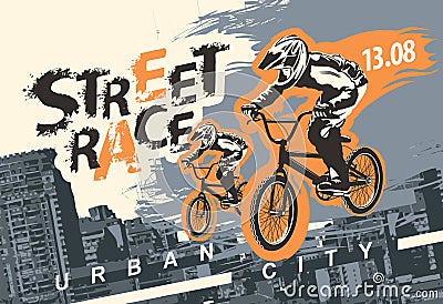 cyclists on the bikes and words Street race, Extreme sport Vector Illustration