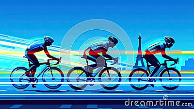 Cyclists in a dynamic race with the Eiffel Tower backdrop, showcasing motion and speed in a vibrant, colorful style Stock Photo