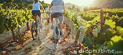 Cyclists enjoying scenic vineyard ride under golden sunlight with abundant harvest Stock Photo