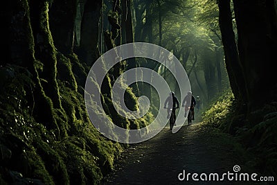 cyclists going down a mountain slope in the forest Stock Photo