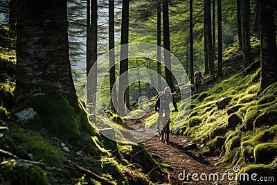 cyclists going down a mountain slope in the forest Stock Photo