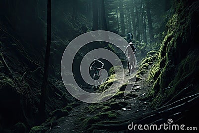 cyclists going down a mountain slope in the forest Stock Photo