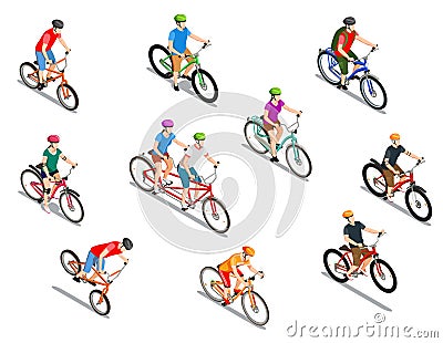 Cyclists Isometric Icons Set Vector Illustration