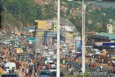 Bustling crowds amid shops in main intersection of downtown Kigali in Rwanda Editorial Stock Photo