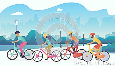 Cyclists sport people riding bicycles in public city park. Trendy radient color vector illustration. Vector Illustration