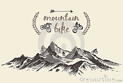 Cyclists riding mountain hand drawn bike vector Vector Illustration