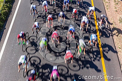 Cyclists Road Race Motion Speed Blur Overhead Stock Photo