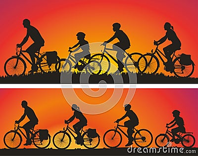 Cyclists silhouettes on the background of sunsets Vector Illustration