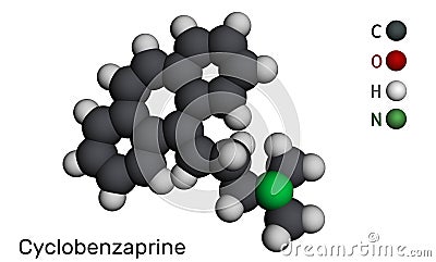Cyclobenzaprine, molecule. It is centrally-acting muscle relaxant. Molecular model. 3D rendering Stock Photo
