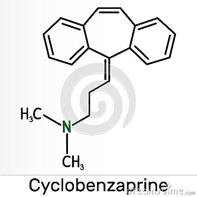 Cyclobenzaprine, molecule. It is centrally-acting muscle relaxant. Skeletal chemical formula Stock Photo