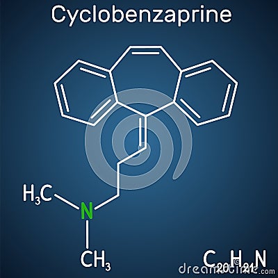 Cyclobenzaprine, molecule. It is centrally-acting muscle relaxant. Structural chemical formula on the dark blue background Vector Illustration